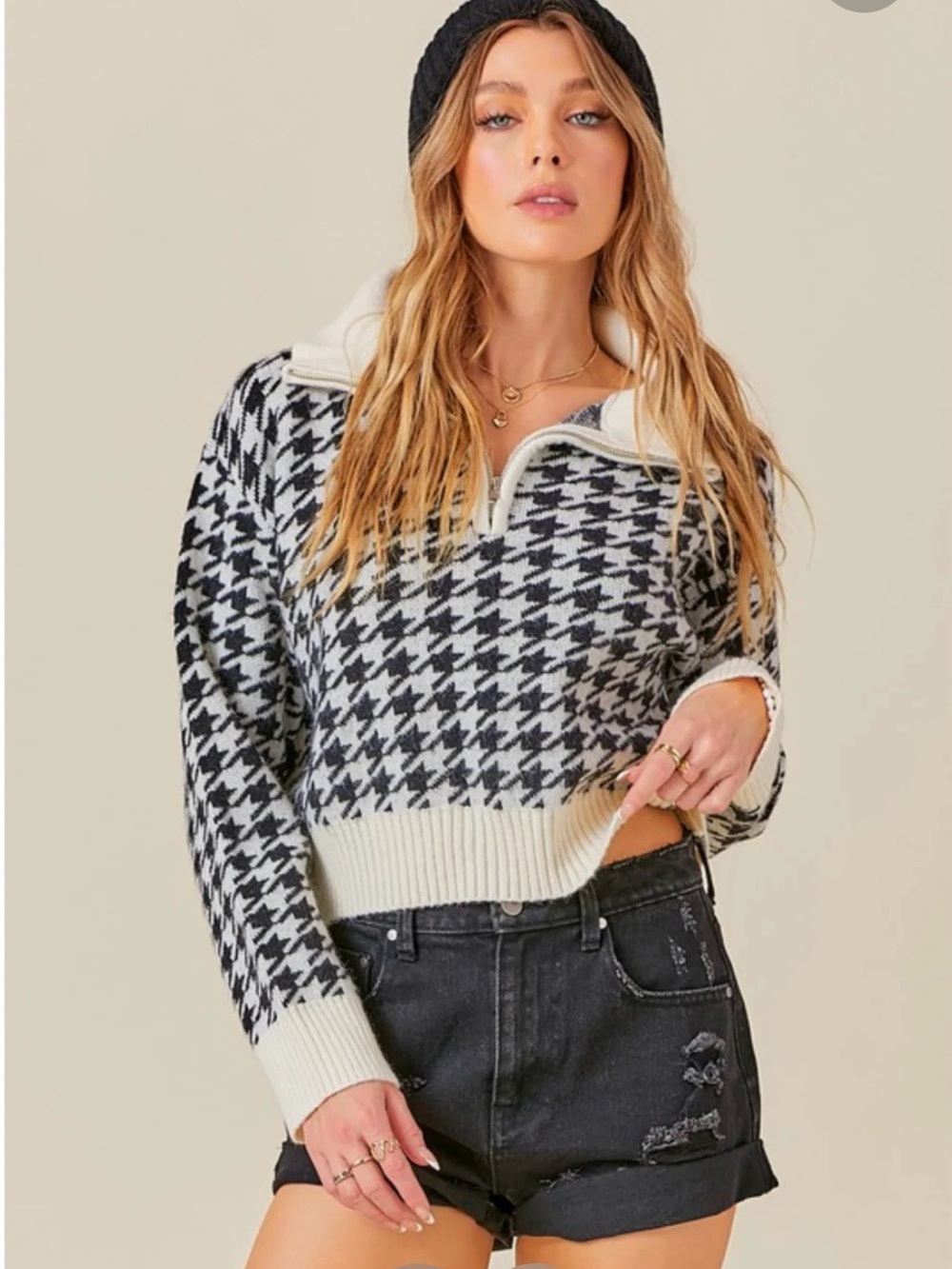Day + Moon Houndstooth Quarter Zip Sweater